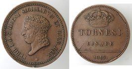 Zecche Italiane. Napoli. Ferdinando I. 1816-1825. 5 Tornesi 1819. Ae. Magliocca 456. Peso gr. 14,62. qSPL/SPL. NC.