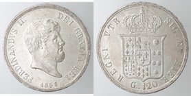 Zecche Italiane. Napoli. Ferdinando II. 1830-1859. Piastra 1859. Ag. Magliocca 569. Peso gr. 27,59. qFDC. 9 Ribattuto su 8. R.