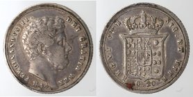 Zecche Italiane. Napoli. Ferdinando II. 1830-1859. Tarì 1844. Ag. Magliocca 609. Peso gr. 4,50. BB/BB+. Patina. RR.