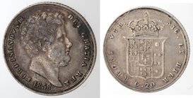 Zecche Italiane. Napoli. Ferdinando II. 1830-1859. Tarì 1858. Ag. Magliocca 623. Peso gr. 4,64. qSPL. Patina. RR.