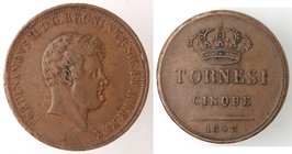 Zecche Italiane. Napoli. Ferdinando II. 1830-1859. 5 Tornesi 1848. Ae. Magliocca 709. Peso gr. 15,21. BB+/qSPL. NC.