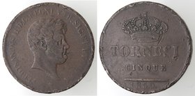 Zecche Italiane. Napoli. Ferdinando II. 1830-1859. 5 tornesi 1859. Ae. Magliocca 716. Peso gr. 15,51. qBB. Colpi al bordo. NC.