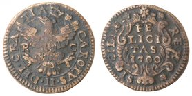 Zecche Italiane. Palermo. Carlo II. 1674-1700. Grano 1700. Ae. Sp. 84. Peso 4,67 gr. Diametro 24 mm. BB. R.
