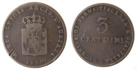 Zecche Italiane. Parma. Maria Luigia. 1815-1847. 3 centesimi 1830. Ae. Gig.15. Ae. MB/qBB. Graffio al diritto. RR.