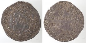 Importante Collezione del Vicereame. I° parte. Napoli. Filippo II. 1556-1598. Carlino 1572. Ag. P.R. 37. Peso gr. 2,96. Diametro mm. 24. qFDC. Patina ...