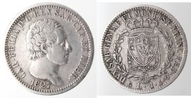 Casa Savoia. Carlo Felice. 1821-1831. Lira 1827 Genova. Ag. Peso gr. 4,85. Gig. 76. BB.