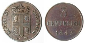 Casa Savoia. Carlo Alberto. 1831-1849. Monetazione per la Sardegna. 3 centesimi 1842. Torino. Ae. Gig. 159. Peso gr. 2,87. BB-qBB. Colpetto al bordo. ...
