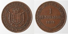 Casa Savoia. Vittorio Emanuele II. Re Eletto. 1859-1861. Centesimo 1859 BI. Ae. Gig. 19. Peso gr. 0,99. BB. Colpetto al bordo.