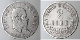Casa Savoia. Vittorio Emanuele II. 1861-1878. 2 Lire 1863 Napoli Valore. Ag. Gig. 58. MB/qBB. NC.