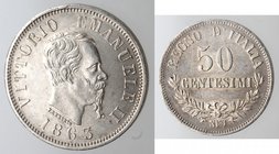 Casa Savoia. Vittorio Emanuele II. 1861-1878. 50 Centesimi 1863 Valore Napoli. Ag. Gig. 77. Peso gr. 2,55. qFDC. Lievissimo colpetto al bordo, minimi ...