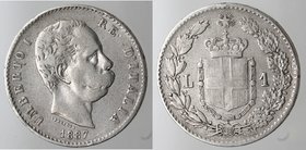Casa Savoia. Umberto I. 1878-1900. 1 lira 1887. Ag. Gig.38. qBB.