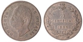 Casa Savoia. Umberto I. 1878-1900. 5 centesimi 1896 Roma. Ae. Gig. 52. qBB. R. 