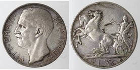 Casa Savoia. Vittorio Emanuele III. 1900-1943. 10 lire 1927 Biga. Una rosetta. Ag. Gig. 57. MB. Colpi al bordo. NC.
