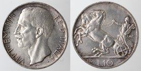 Casa Savoia. Vittorio Emanuele III. 1900-1943. 10 lire 1929 Biga. Due rosette. Ag. Gig. 58a. qSPL. NC.
