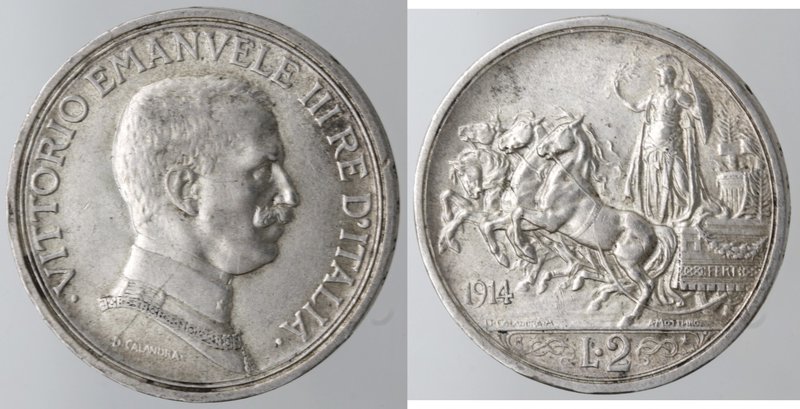 Casa Savoia. Vittorio Emanuele III. 1900-1943. 2 Lire 1914 Quadriga briosa. Ag. ...