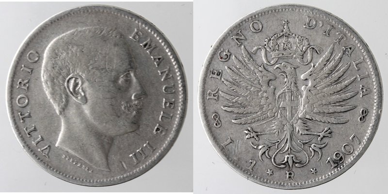 Casa Savoia. Vittorio Emanuele III. 1900-1943. 1 Lira 1907 Aquila Sabauda. Ag. G...