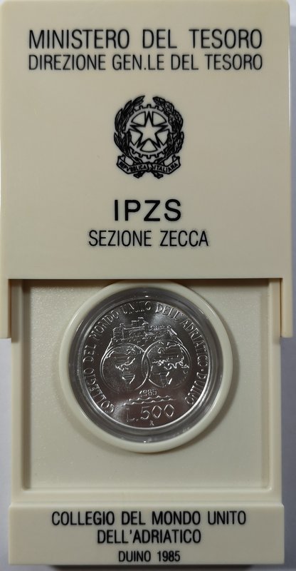 Repubblica Italiana. 500 Lire1985. Ag. Collegio del Mondo Unito dell' Adriatico ...
