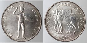 Repubblica Italiana. 500 lire celebrative dell' anno degli Etruschi 1985. Ag. Gig. 425. qFDC. Senza confezione della zecca.