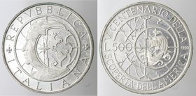 Repubblica Italiana. 500 lire Scoperta dell'America 2° serie 1990. Ag. Gig. 442. qFDC. Senza confezione della zecca.