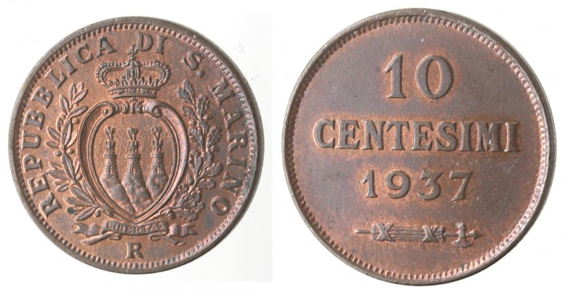 San Marino. Vecchia monetazione. 1864-1938. 10 centesimi 1937. Ae. Gig. 35. FDC....
