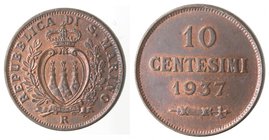 San Marino. Vecchia monetazione. 1864-1938. 10 centesimi 1937. Ae. Gig. 35. FDC. Rame rosso eccezionale.
