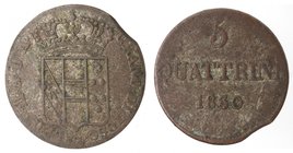 Zecche Italiane. Firenze. Ganducato di Toscana. Leopoldo II. 3 Quattrini 1830. Ae. MB. R.
