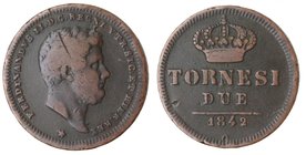 Zecche Italiane. Napoli. Ferdinando II. 2 Tornesi 1842. Ae. MB. Colpi nei campi.