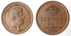 Zecche Italiane. Napoli. Ferdinando II. 2 Tornesi 1859. Ae. BB+/qSPL. Patina cioccolato.