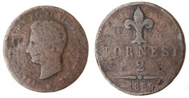 Zecche Italiane. Napoli. Francesco II. 2 Tornesi 1859. Ae. MB. Colpi al bordo.