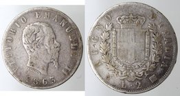 Casa Savoia. Vittorio Emanuele II. 2 Lire 1863 Stemma Napoli. Ag. qMB.