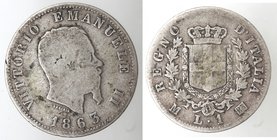 Casa Savoia. Vittorio Emanuele II. Lira 1863 Stemma Milano. Ag. MB.