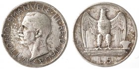 Casa Savoia. Vittorio Emanuele III. 5 Lire 1927. Ag. BB.