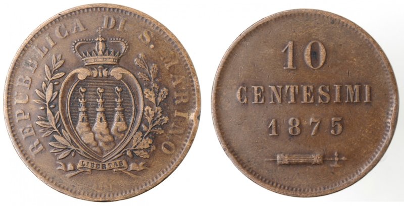 San Marino. 10 Centesimi 1875. Ae. BB. Colpo al bordo.