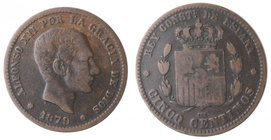 Monete Estere. Spagna. Alfonso XII. 5 Centimos 1879. Ae. MB.