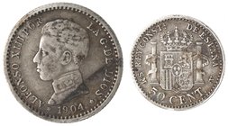 Monete Estere. Spagna. Alfonso XIII. 50 Centesimi 1904. Ag. BB+.