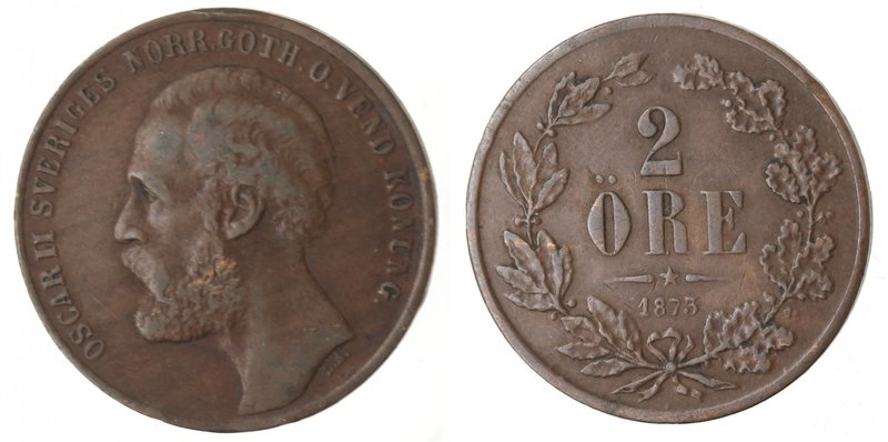 Monete Estere. Svezia. Oscar II. 2 Ore 1873. Ae. BB.