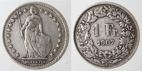 Monete Estere. Svizzera. 1 Franco 1907. Ag. qBB.