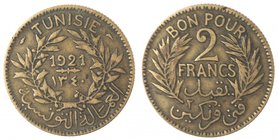 Monete Estere. Tunisia. Buono da 2 franchi 1921. Ae. BB.