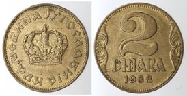 Monete Estere. Yugoslavia. Pietro II. 2 Dinari 1938. Al-Br. BB+.