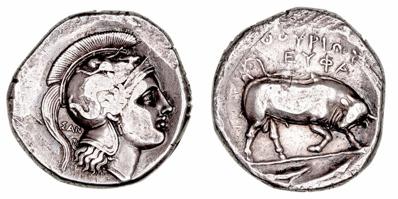 Lucania
Diestátera. AR. (350-281 a.C.). Thurium. A/Cabeza de Atenea a der. R/To...
