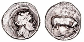 Lucania
Diestátera. AR. (350-281 a.C.). Thurium. A/Cabeza de Atenea a der. R/Toro embistiendo a der., encima ley. y en exergo dos delfines. 15.73g. G...