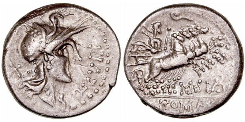 Curtia
Denario. AR. (116-115 a.C.). A/Cabeza de Roma a der., detrás X y delante...