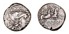 Renia
Denario. AR. Roma. (138 a.C.). A/ Cabeza de Roma a der., detrás X. R/Juno Caprotina en biga a der. y arrastrada por machos cabríos, debajo C·RE...