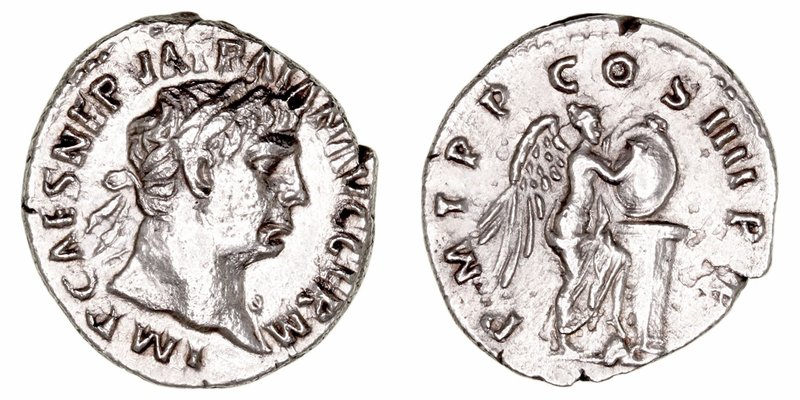 Trajano
Denario. AR. (98-117 d.C.). R/P.M. TR.P. COS.IIII P.P. La victoria esta...
