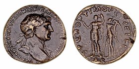 Trajano
Sestercio. AE. (98-117). R/S.P.Q.R. OPTIMO PRINCIPI. S.C. Trajano en pie a izq. con rayo y lanza, coronado por la victoria. Pátina de colecci...