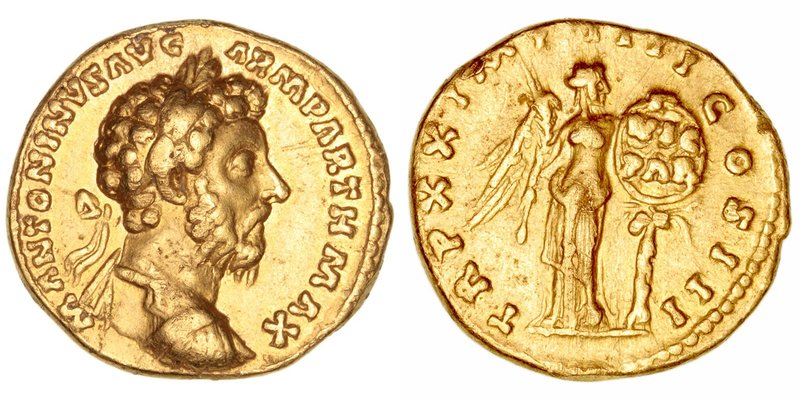 Marco Aurelio
Áureo. AV. Roma. (161-180). A/Busto de Marco Aurelio drapeado a d...
