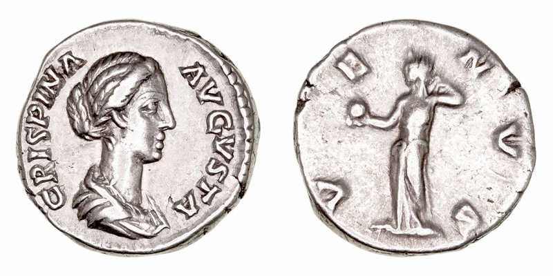Crispina, esposa de Cómodo
Denario. AR. Roma. (177-192). R/VENVS. Venus estante...