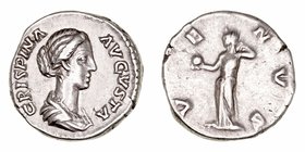 Crispina, esposa de Cómodo
Denario. AR. Roma. (177-192). R/VENVS. Venus estante a la izq. portando globo. Muy bonito retrato. 3.18g. RIC.286. Escasa....