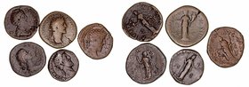 Lotes de Conjunto
Sestercio. AE. Lote de 5 monedas. Antonino Pío, Faustina, M. Aurelio, Faustina Hija y Cómodo. BC+ a BC.