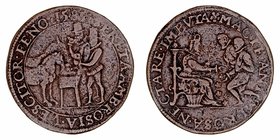 Felipe II
Jetón. AE. Dordrecht. 1585. Isabel I en trono con ramo de rosas y dos infantes saludando. 6.32g. Dugn 3044. Escasa. MBC-.